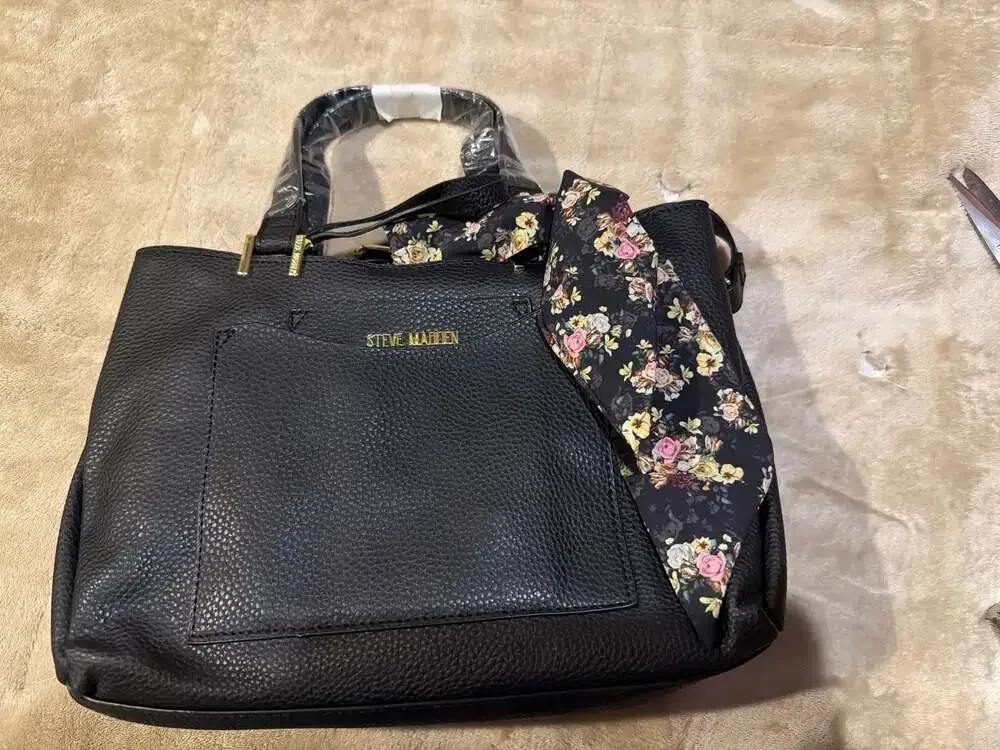 Steve Madden BPARKER Black Vegan Leather Satchel Crossbody Bag with Floral Scarf
